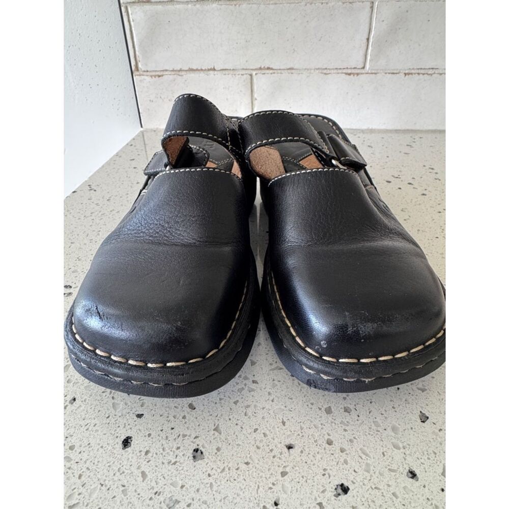 Born Y2K Black Leather Slip-On Clogs Wedge with Tan Stitching Accent Size 7 GUC - Picture 5 of 12